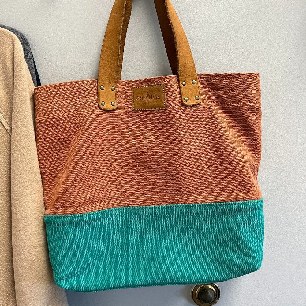 Cole Haan Canvas Tote Bag Teal Orange Open Top